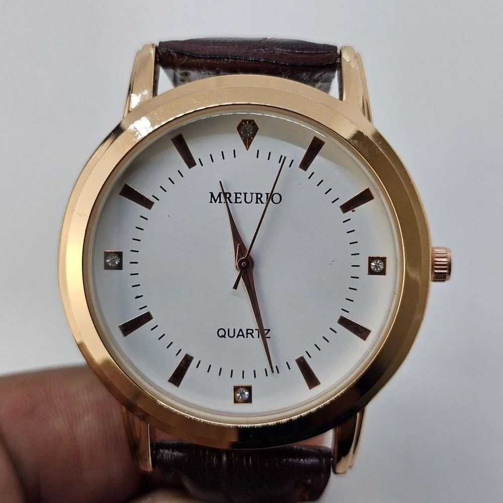 Men's‎ Watch 40MM White Gold Case Dial Brown Leather Bands New Battery